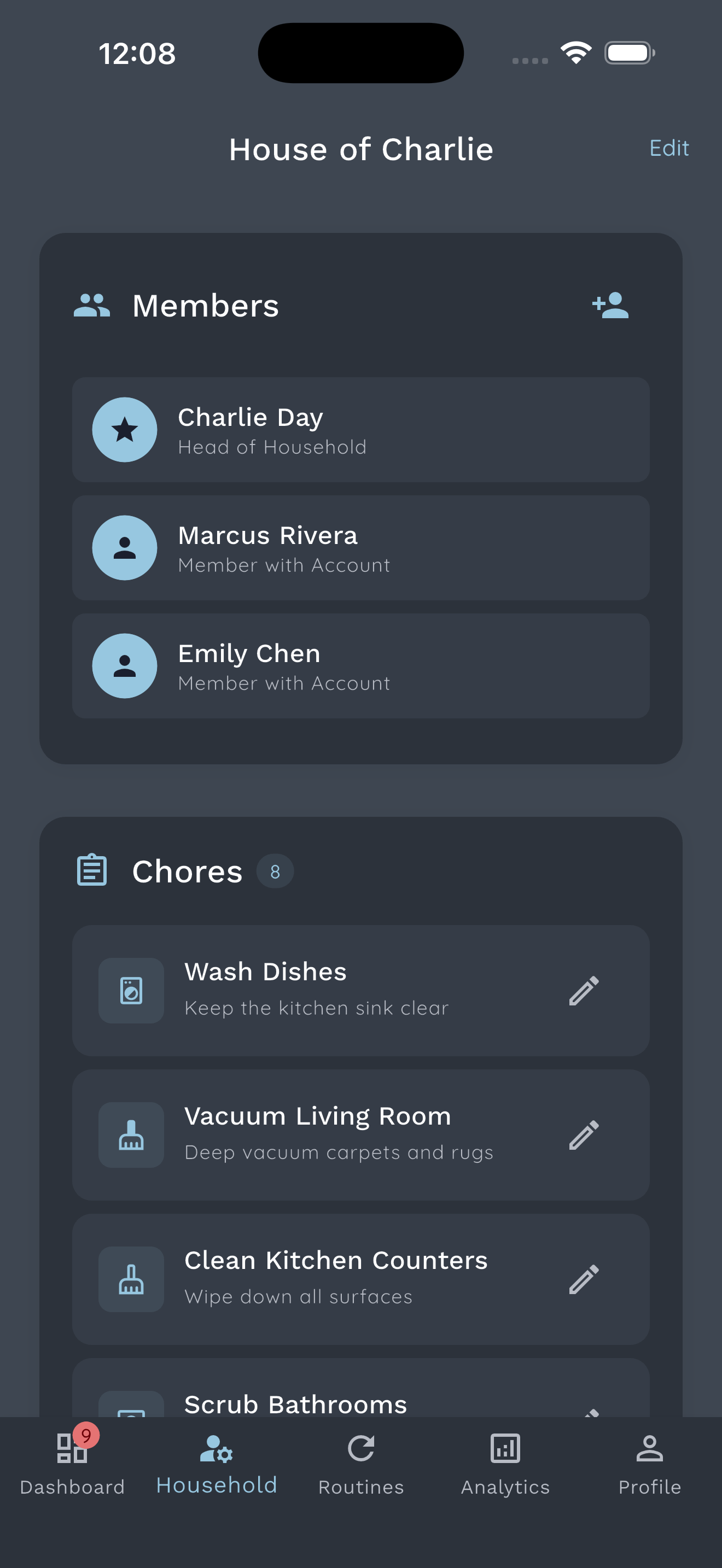 Household view in dark mode
